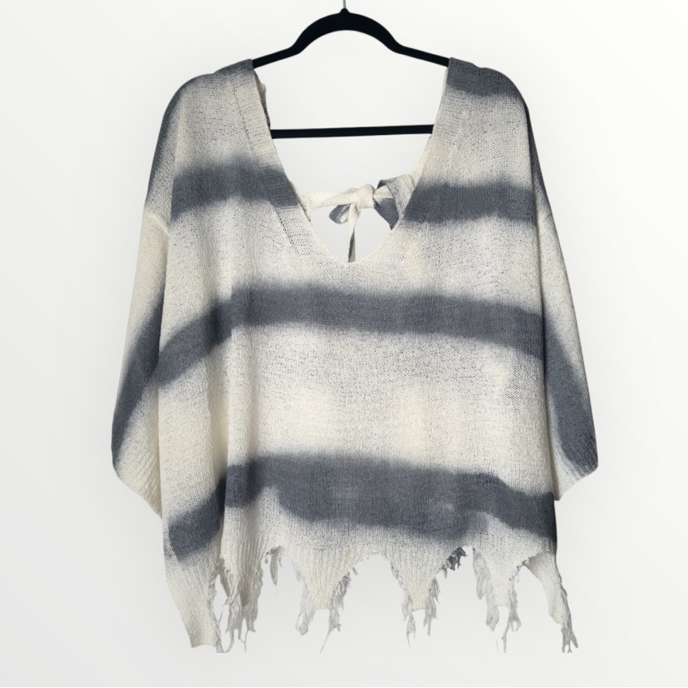 POL Cape Style Oversized Distressed Butterfly Sleeve Striped TieDye Shirt Size M